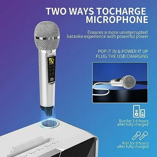Karaoke mashinasi kattalar va bolalar uchun 2 UHF simsiz mikrofon, ko'chma Bluetooth dinamik PA dinamik tizimi LED partiya chiroqlari bilan uy partiyasi, piknik, mashina, tashqi / ichki / tug'ilgan kun sovg'alari uchun - 5