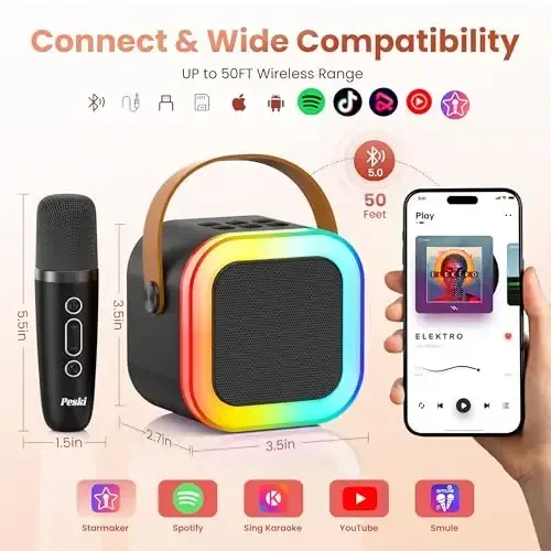 Караоке-машина для детей и взрослых, портативный Bluetooth мини-караоке микрофон для пения с 2 беспроводными микрофонами и подсветкой, игрушки для всех смартфонов, день рождения, семья, домашняя вечеринка (черный) - 5