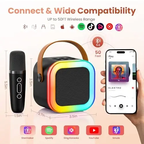 Караоке-машина для детей и взрослых, портативный Bluetooth мини-караоке микрофон для пения с 2 беспроводными микрофонами и подсветкой, игрушки для всех смартфонов, день рождения, семья, домашняя вечеринка (черный) - 4