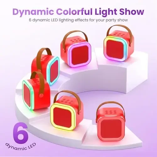 Караоке-машина для детей и взрослых, портативный Bluetooth мини-караоке микрофон, поющий динамик с 2 микрофонами и подсветкой, для всех смартфонов, дня рождения, семьи, домашней вечеринки (красный) - 3