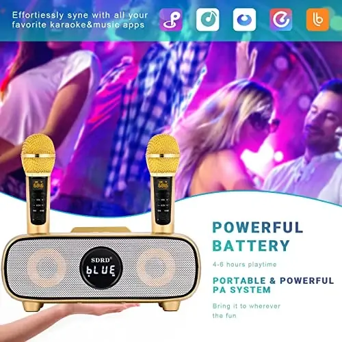 Караоке-машина для взрослых и детей, портативный беспроводной Bluetooth 2 микрофон с держателем/USB/картой TF/AUX-входом, портативная акустическая система для домашней вечеринки, пикника, машины, улицы/дома - 4