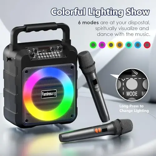 Караоке-машина для взрослых - портативный Bluetooth-караоке-динамик с двумя беспроводными микрофонами, динамик для системы звукоусиления, поддерживает TF-карты / USB, вход AUX, REC, поддержка низких и высоких частот для вечеринок / встреч - 4
