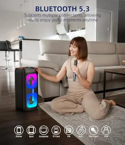 Караоке-машина для взрослых с 2 беспроводными микрофонами, портативная Bluetooth-акустическая система с освещением для большой вечеринки, сабвуферами, на открытом воздухе, идеальный подарок для семьи, любителя музыки - 1