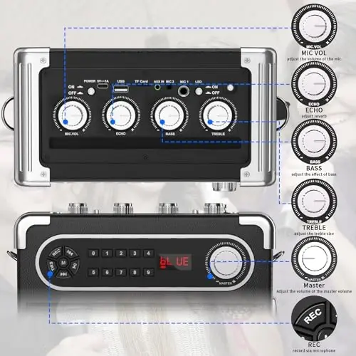 Караоке-машина, портативная Bluetooth-колонка с 2 беспроводными микрофонами для взрослых и детей, регулировка басов/высоких частот, PA-система с пультом дистанционного управления, подсветка, поддержка TF-карт/USB, AUX-вход, TWS, FM, REC Party Home - 2