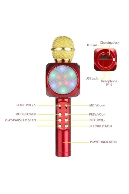 Karaoke Microphone Bluetooth Enabled Children's Microphone Karaoke Lighted Microphone 1816 Red-Red - 6