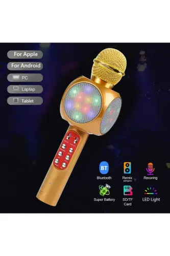 Karaoke Mikrofon , Bluetooth Özellikli Çocuk Mikrofonu Karaoke Işıklı Mikrofon 1816 Gold - Sarı - EVERVOX (1)