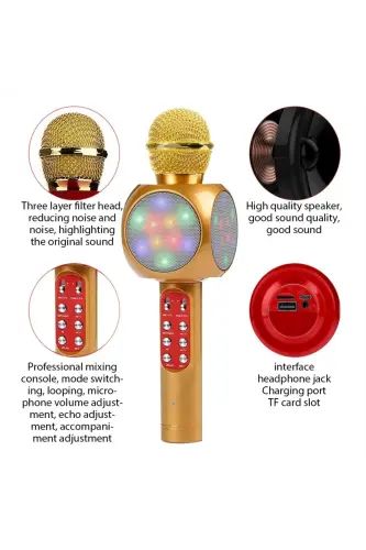 Karaoke Mikrofon, Bluetooth Xususiyatli Bolalar Mikrofonu Karaoke Chiroqli Mikrofon 1816 Gold - Sariq - 4