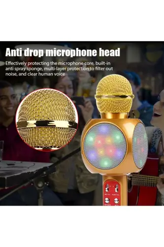 Karaoke Mikrofon, Bluetooth Xususiyatli Bolalar Mikrofonu Karaoke Chiroqli Mikrofon 1816 Gold - Sariq - 6