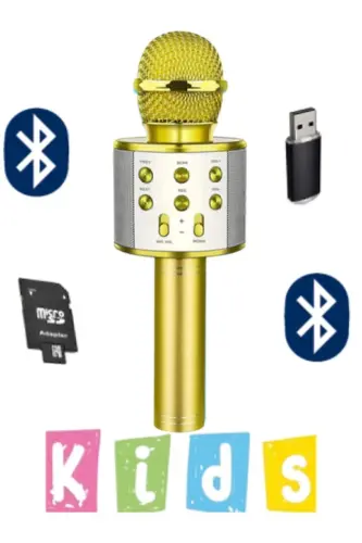 Karaoke Mikrofon Dahili Hoparlörlü Usb Flash Tf Kart Destekli Ses Değiştirme Efektli Çocuk Mikrofonu - GOLD 