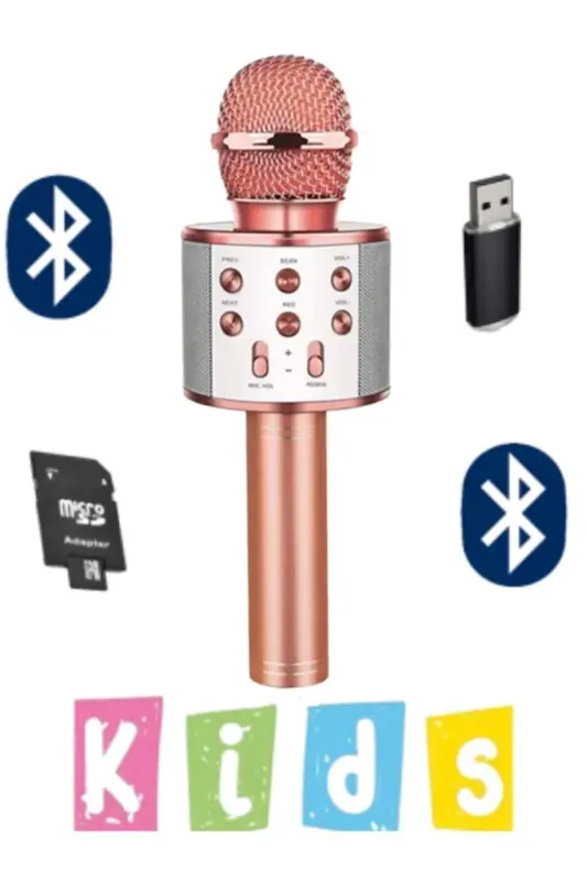 Karaoke Mikrofon Dahili Hoparlörlü Usb Flash Tf Kart Destekli Ses Değiştirme Efektli Çocuk Mikrofonu - ROZE GOLD - 1