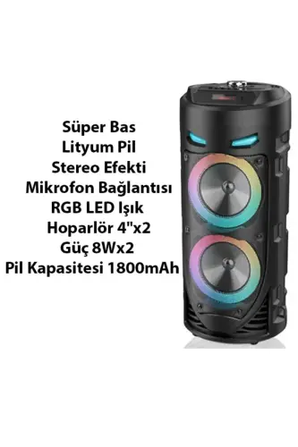 Karaoke Mikrofonlu Bluetooth Hoparlör Led Işıklı Taşınabilir Kablosuz Speaker - SİYAH - 6