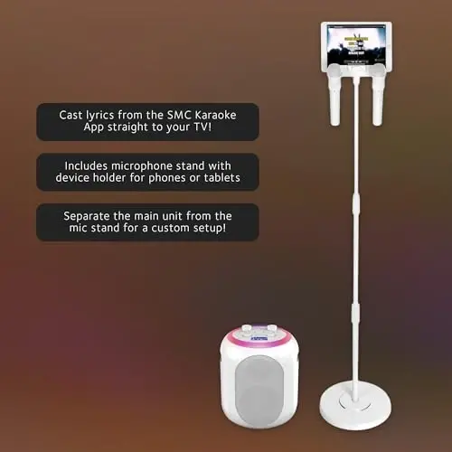 Караоке-система Singing Machine SMC2040S, мощностью 50 Вт, система потокового видео Sing Cast и технология Pitch Lab с перезаряжаемой батареей и двумя беспроводными микрофонами, белый - 3