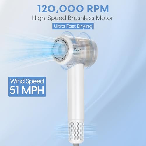 KARCU Ionli Soch Quritgich Diffuzor va Konsentrator bilan, Kompakt Soch Quritgich 4 Issiqlik va 3 Havo Oqimi Sozlamalari bilan, 120000 RPM Yuqori Tezlikli Motor, Oq - 2