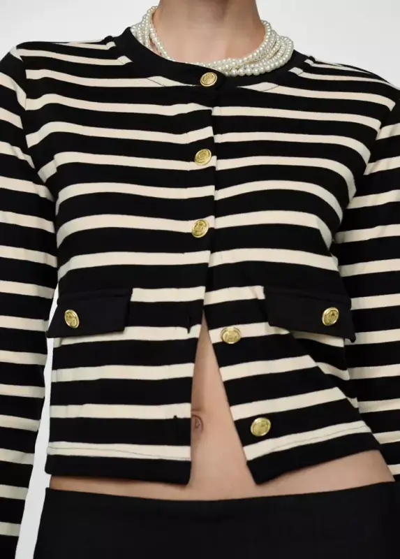 Кардиган на пуговицах в полоску - Черный - 5
