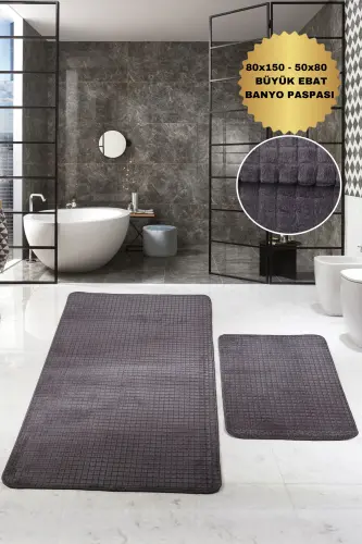 Kare Plus Antrasit 80x150+50x80 Büyük Ebat Banyo Paspası Seti Kaymaz Yıkanabilir Klozet Takımı-Antrasit 