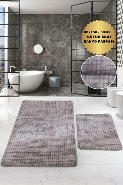 Kare Plus Gri 80x150+50x80 Büyük Ebat Banyo Halısı Paspası Seti Kaymaz Yıkanabilir Klozet Takımı-Gri - 1