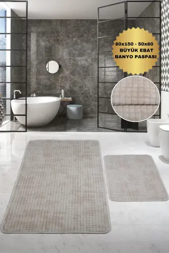 Kare Plus Krem 80x150+50x80 Büyük Ebat Banyo Paspası Seti Kaymaz Yıkanabilir Klozet Takımı-Krem - 1