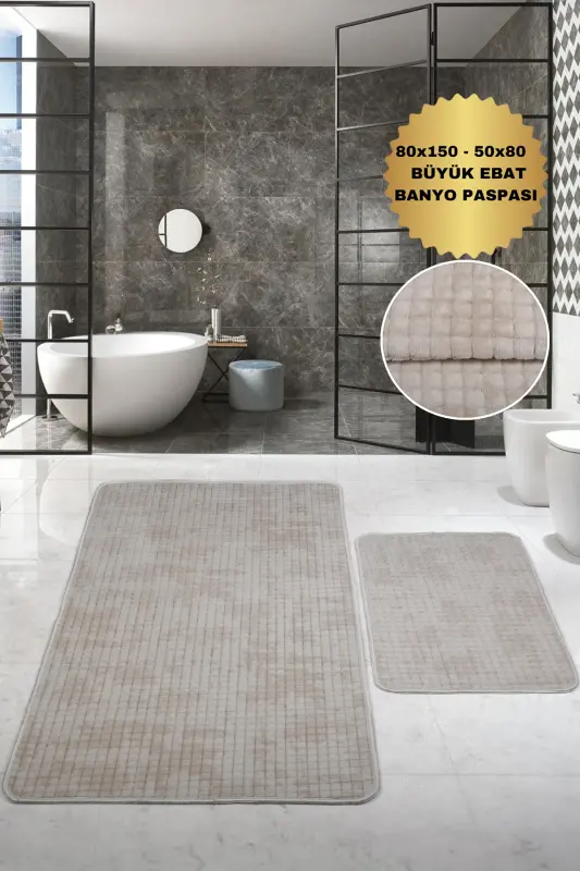 Kare Plus Krem 80x150+50x80 Büyük Ebat Banyo Paspası Seti Kaymaz Yıkanabilir Klozet Takımı-Krem - 1