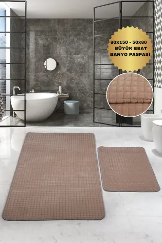 Kare Plus Vizon 80x150+50x80 Büyük Ebat Banyo Paspası Seti Kaymaz Yıkanabilir Klozet Takımı-Kahve 