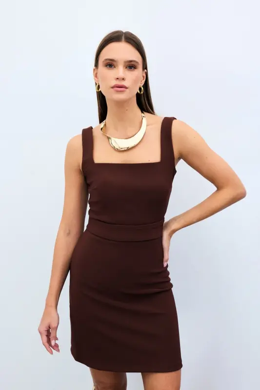 Kare Yaka Crop Bluz - Kahve - KAHVE - 3