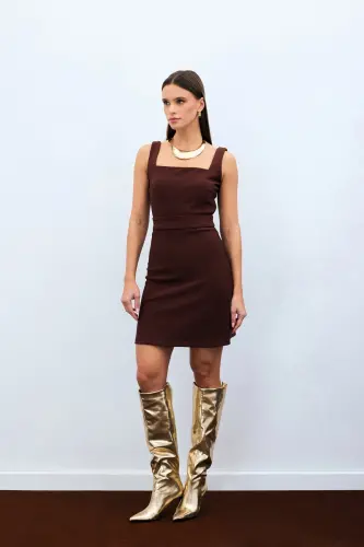 Kare Yaka Crop Bluz - Kahve - KAHVE - SATEEN (1)