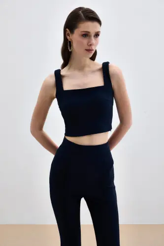 Kare Yaka Crop Bluz - Lacivert - Lacivert 