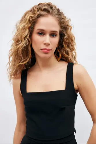 Kare Yaka Crop Bluz - Siyah-SİYAH - SATEEN (1)