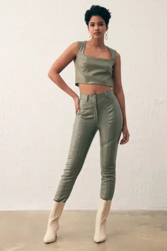 Kare Yaka Deri Crop Bluz - Çağla Yeşili - ÇAĞLA YEŞİLİ - 5