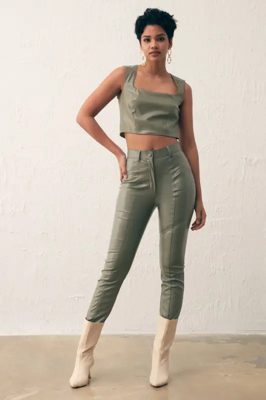 Kare Yaka Deri Crop Bluz - Çağla Yeşili - ÇAĞLA YEŞİLİ - 5
