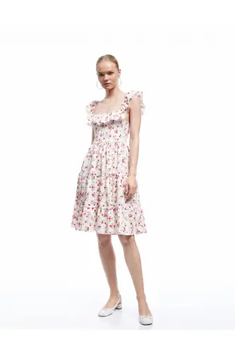 Kare Yaka Kolsuz Çiçekli Fırfırlı Mini Elbise - Pembe Desenli - 2