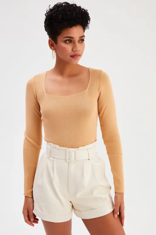 Kare Yaka Triko - Bisküvi-BİSKÜVİ - SATEEN