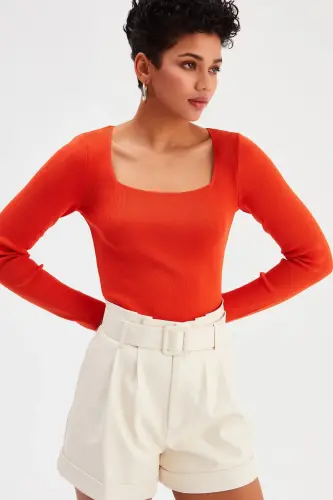 Kare Yaka Triko - Yanık Oranj-YANIK ORANJ - 1