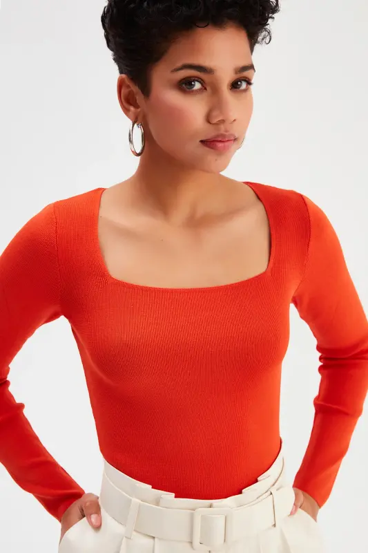 Kare Yaka Triko - Yanık Oranj-YANIK ORANJ - 3