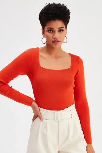 Kare Yaka Triko - Yanık Oranj-YANIK ORANJ - 4