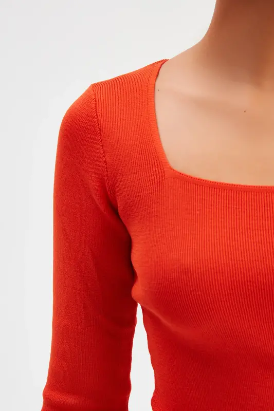 Kare Yaka Triko - Yanık Oranj-YANIK ORANJ - 5