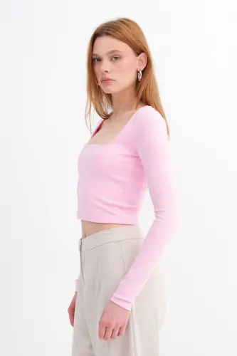 Kare Yaka Basic Crop Bluz B3713-J1 - Pembe - 4
