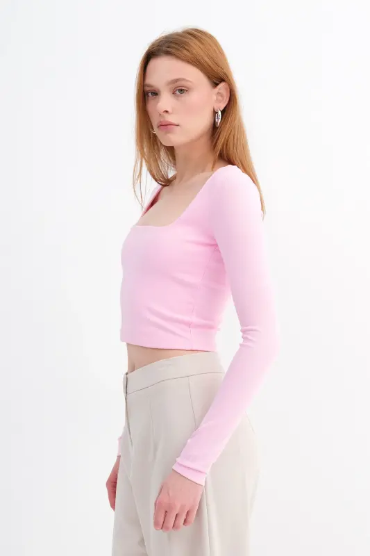 Kare Yaka Basic Crop Bluz B3713-J1 - Pembe - 4