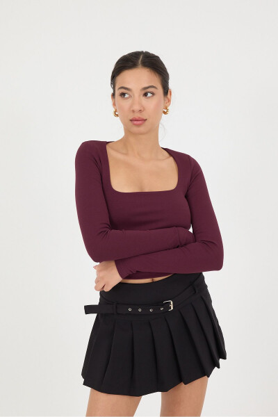 Kare Yaka Uzun Kollu Basic Crop Bluz B3713-j1-Bordo 