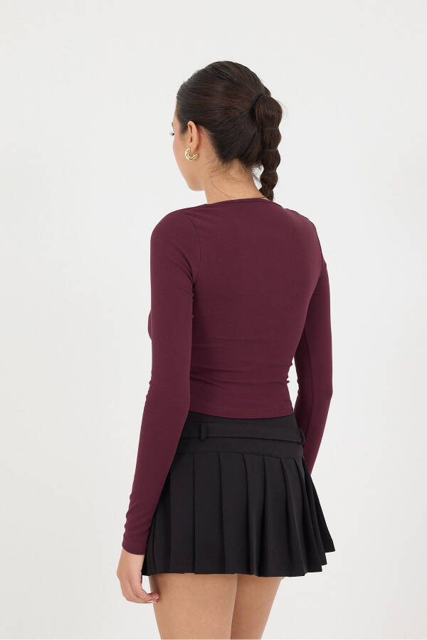 Kare Yaka Uzun Kollu Basic Crop Bluz B3713-j1-Bordo - 4