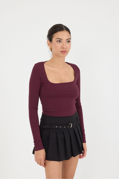 Kare Yaka Uzun Kollu Basic Crop Bluz B3713-j1-Bordo - 5