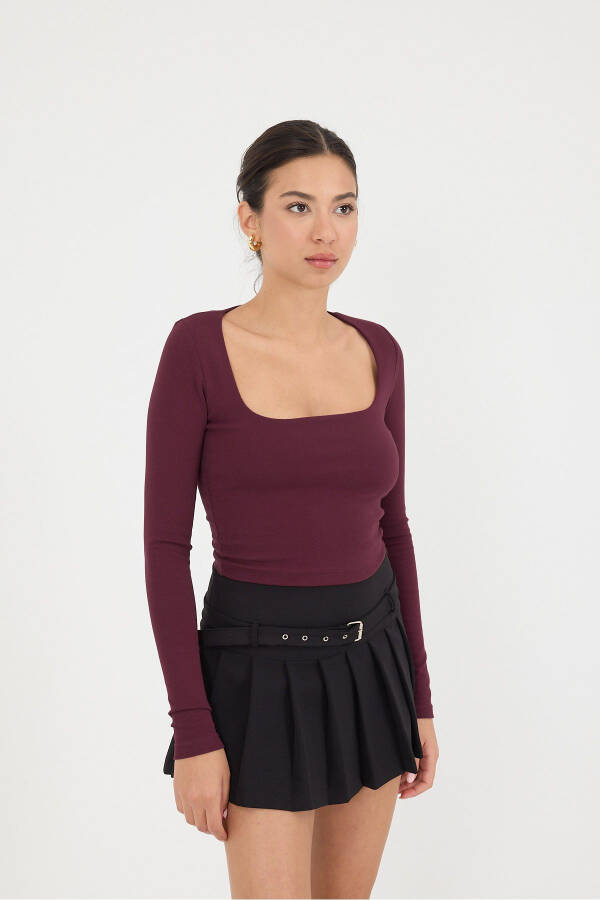 Kare Yaka Uzun Kollu Basic Crop Bluz B3713-j1-Bordo - 5