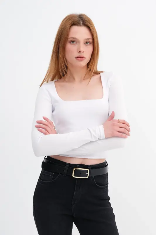 Kare Yaka Basic Crop Bluz B3713-J1-Beyaz - 5