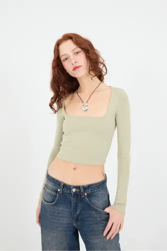 Kare Yaka Uzun Kollu Basic Crop Bluz B3713-j1-Haki - 3