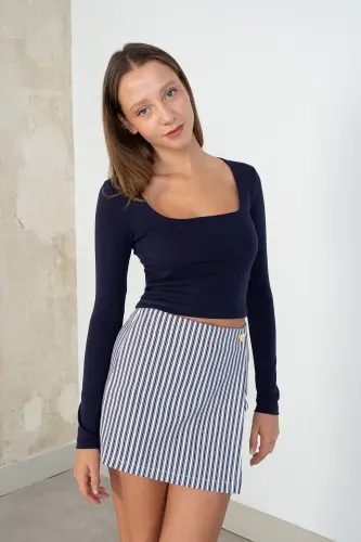 Kare Yaka Uzun Kollu Basic Crop Bluz B3713-j1-Lacivert - 2