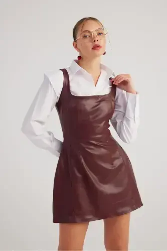 Kare Yaka Vegan Deri Larissa Elbise Bordo-Bordo - 4