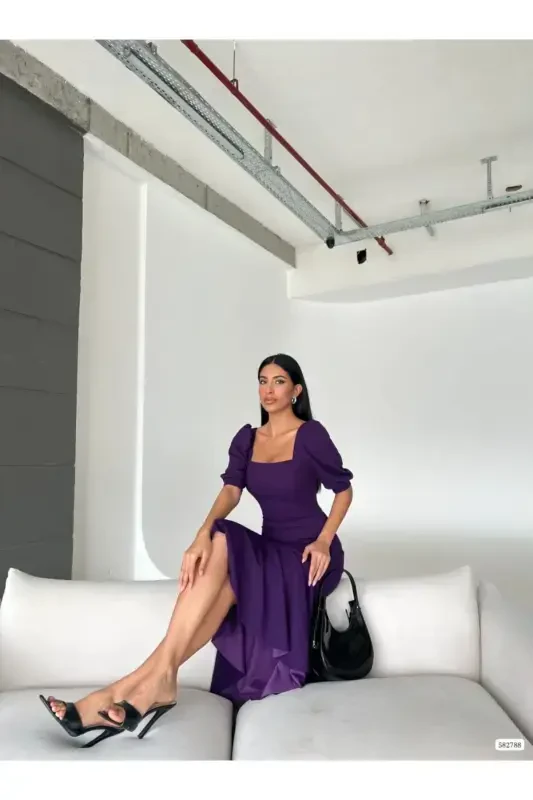 Kare yoqali etagi burma detalli midi bo'yli kechki libos - Binafsha - 5