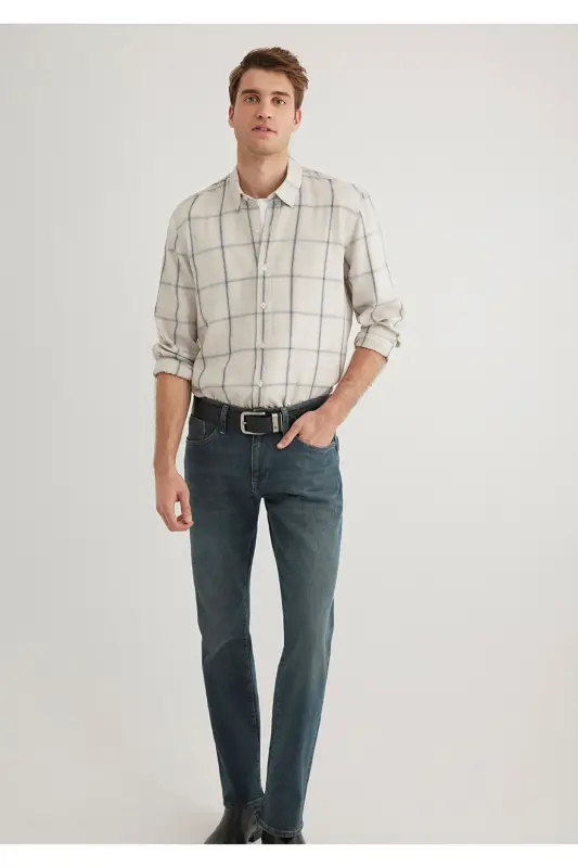 Kareli Ekru Tencel Tm Liyosel Ko'ylak Slim Fit / Da - MAVI