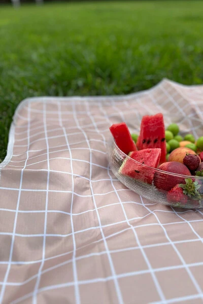 Kareli Suya Dayanıklı Piknik Plaj Kamp Örtüsü 150x200 cm. 4-6 Kişilik-Kahverengi - Modazone (1)