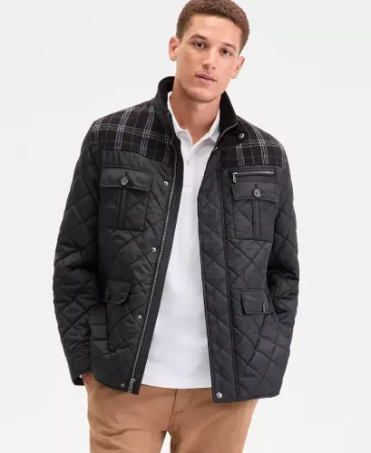 Men's Mixed Media Quilted Jacket - Black - 1