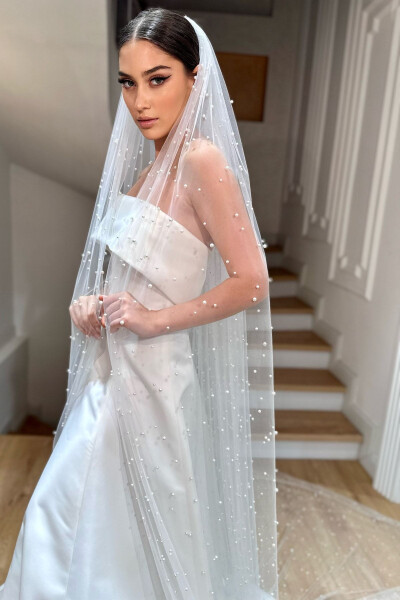 Karl Pearl Embroidered Long Dream Tulle Veil - 16